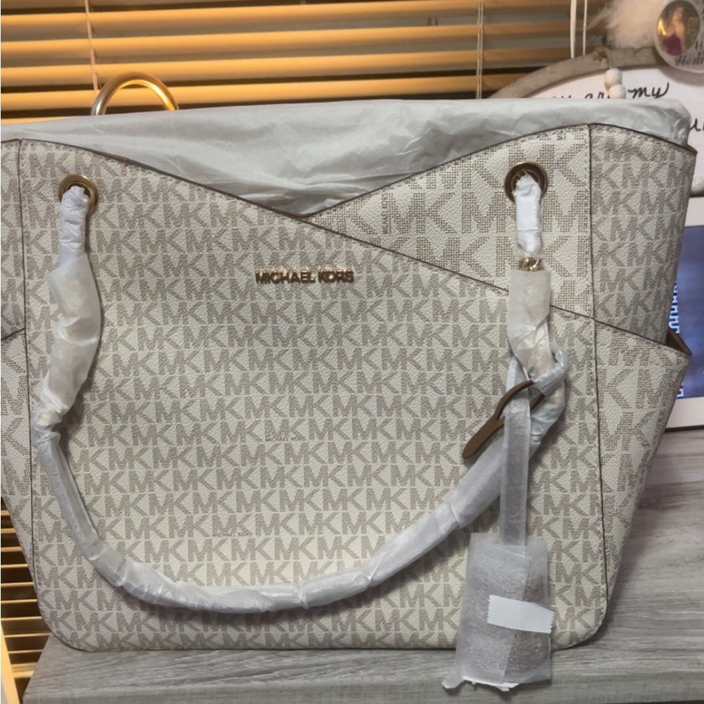 Michael Kors Cream Shoulder Bag with Signature MK Pattern